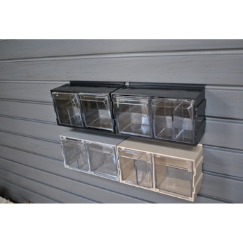 Picture of 2 Bin Link Ups - Tip Out Bins -Small Parts Storage for Slatwall storeWALL HandiWall